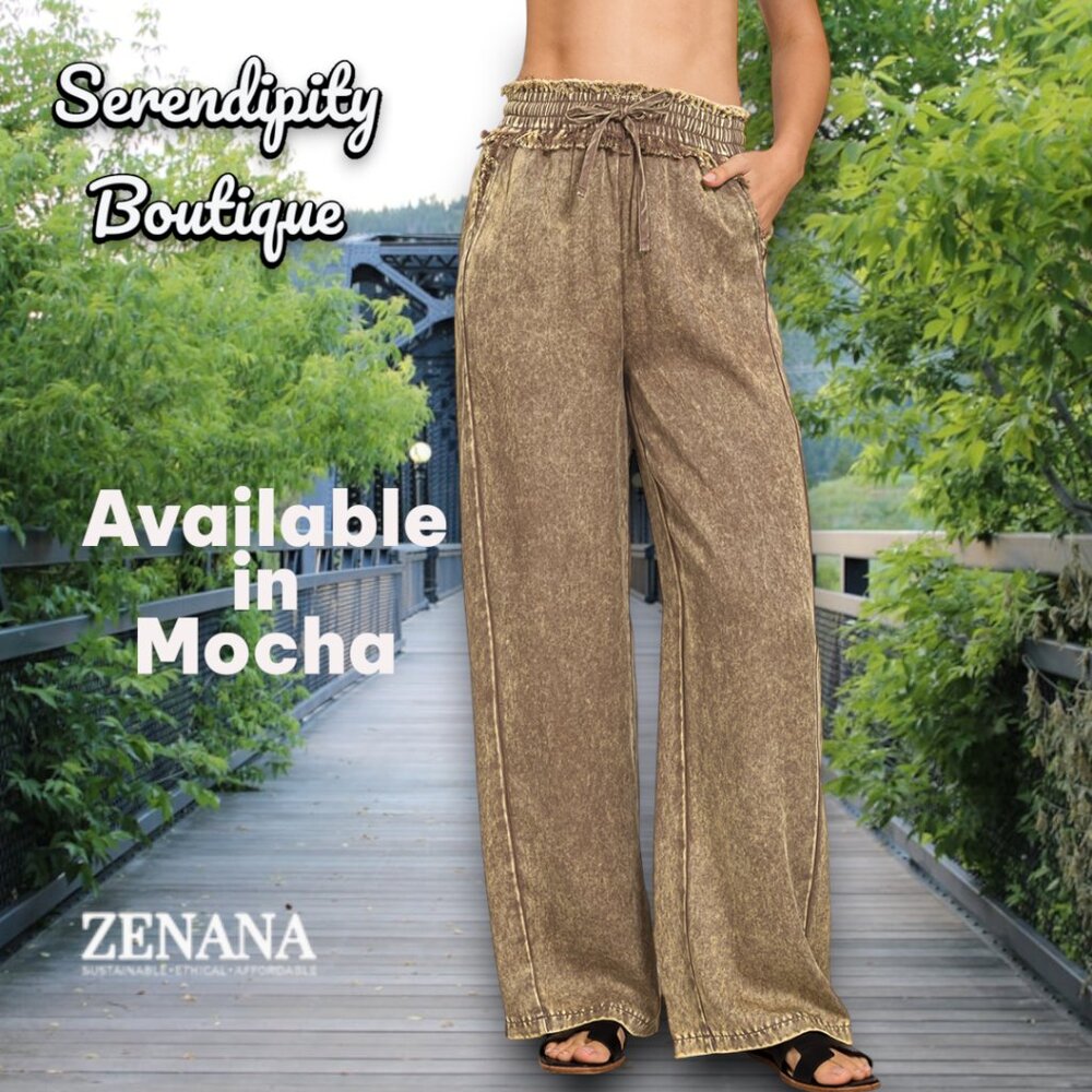 Zenana Mineral Wash Soft Comfy Flare Leg Elastic Drawstring Paper Bag Pants - Picture 8 of 12